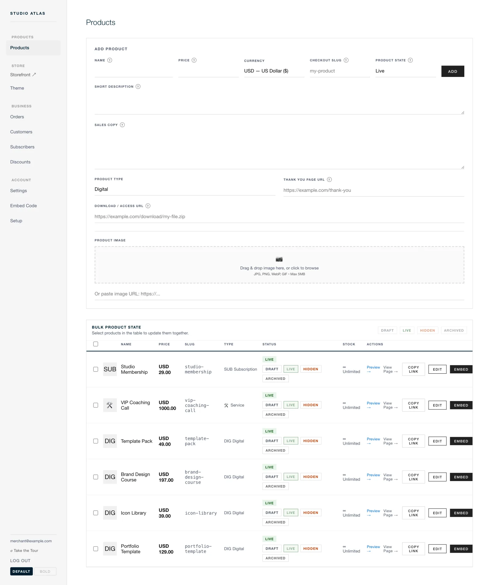 The products screen: a catalogue table with prices, states and checkout links.