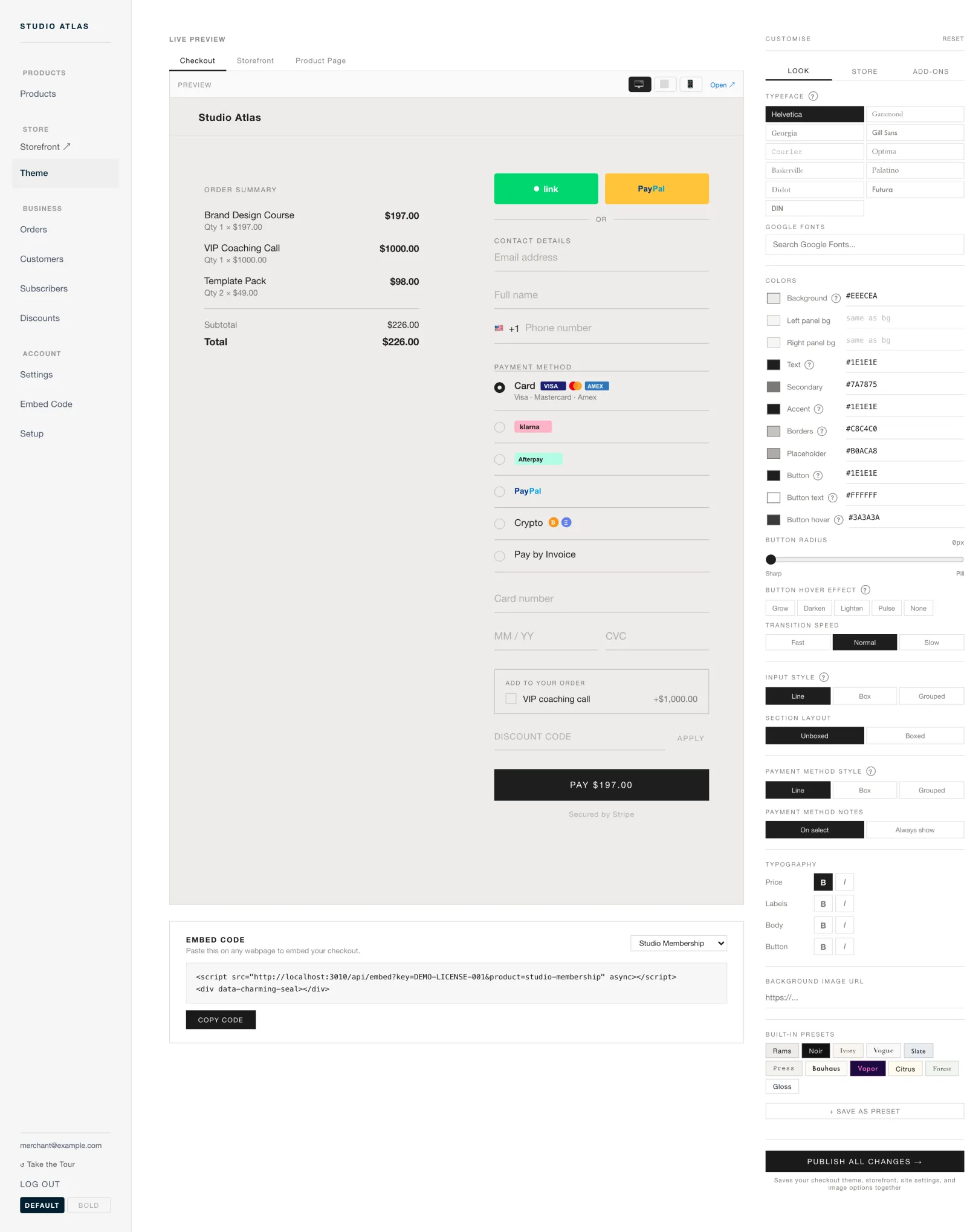 The theme customiser: a live checkout preview beside a panel of typography and colour controls.