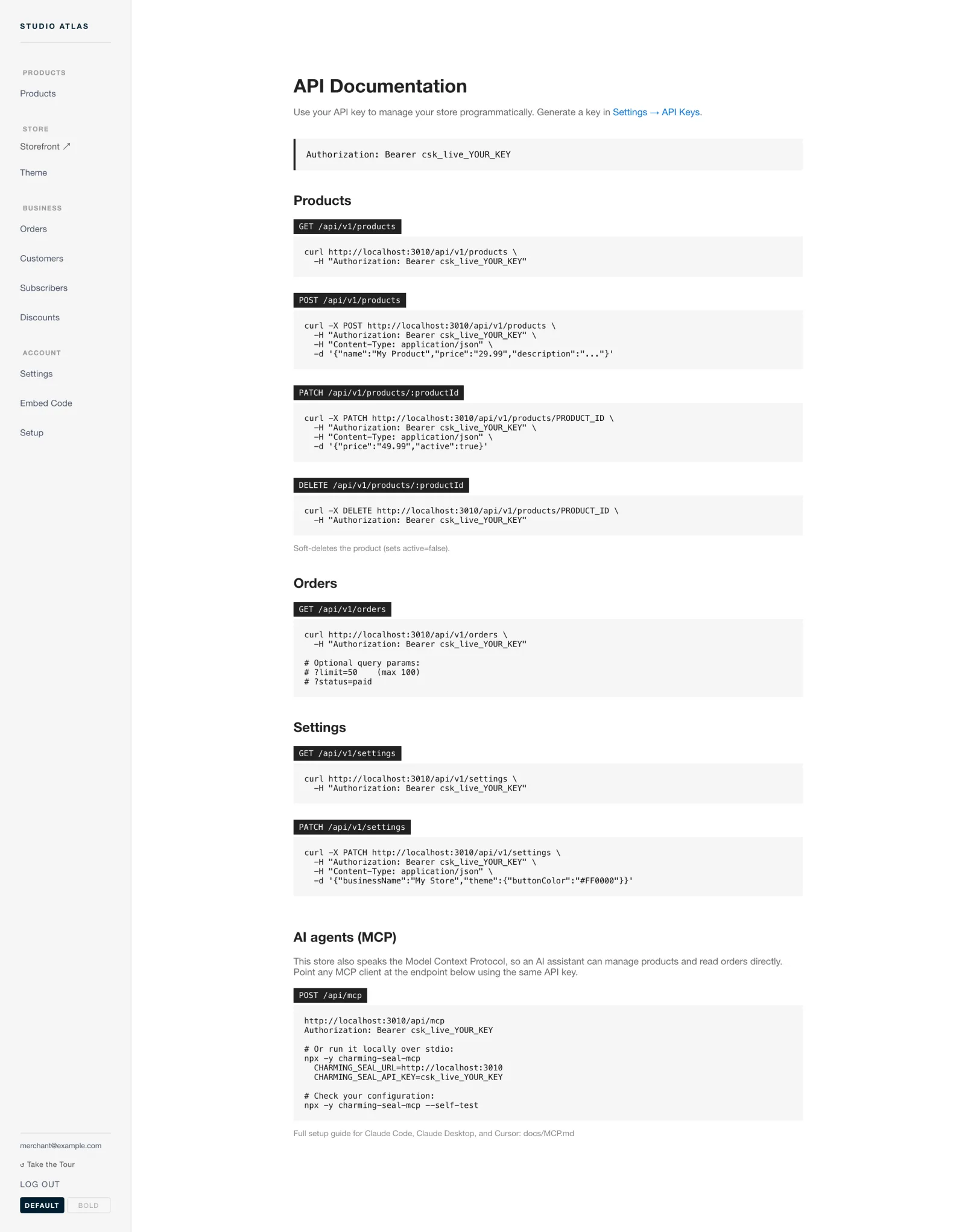 The API documentation screen: endpoint list, example request bodies and example JSON responses.