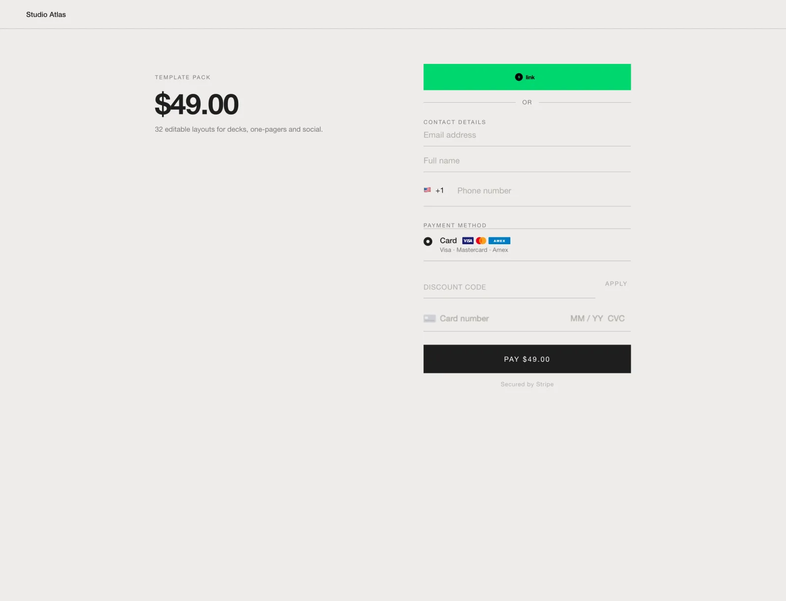 A Charming Seal checkout page showing express buttons, contact fields and six payment methods.